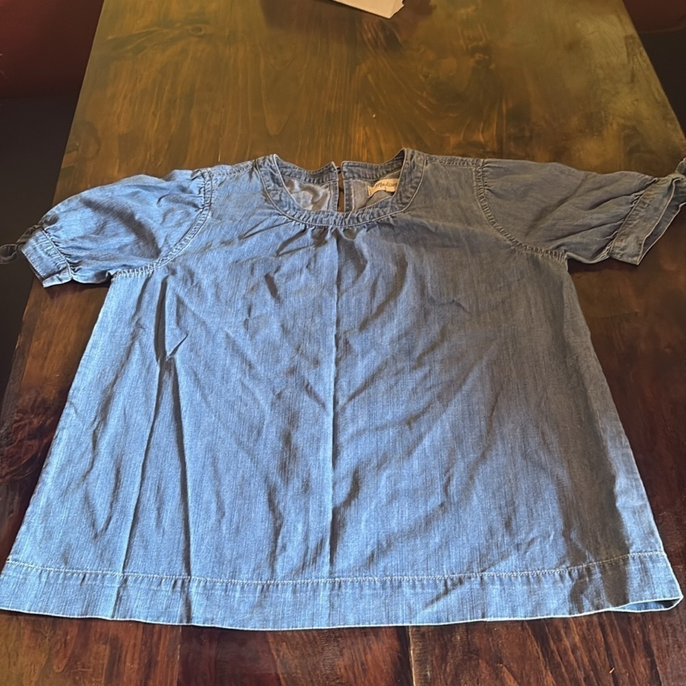 Madewell Blouse Women Shirt Tiered Blue Chambray short Sleeve Peasant boho xs - Picture 3 of 4